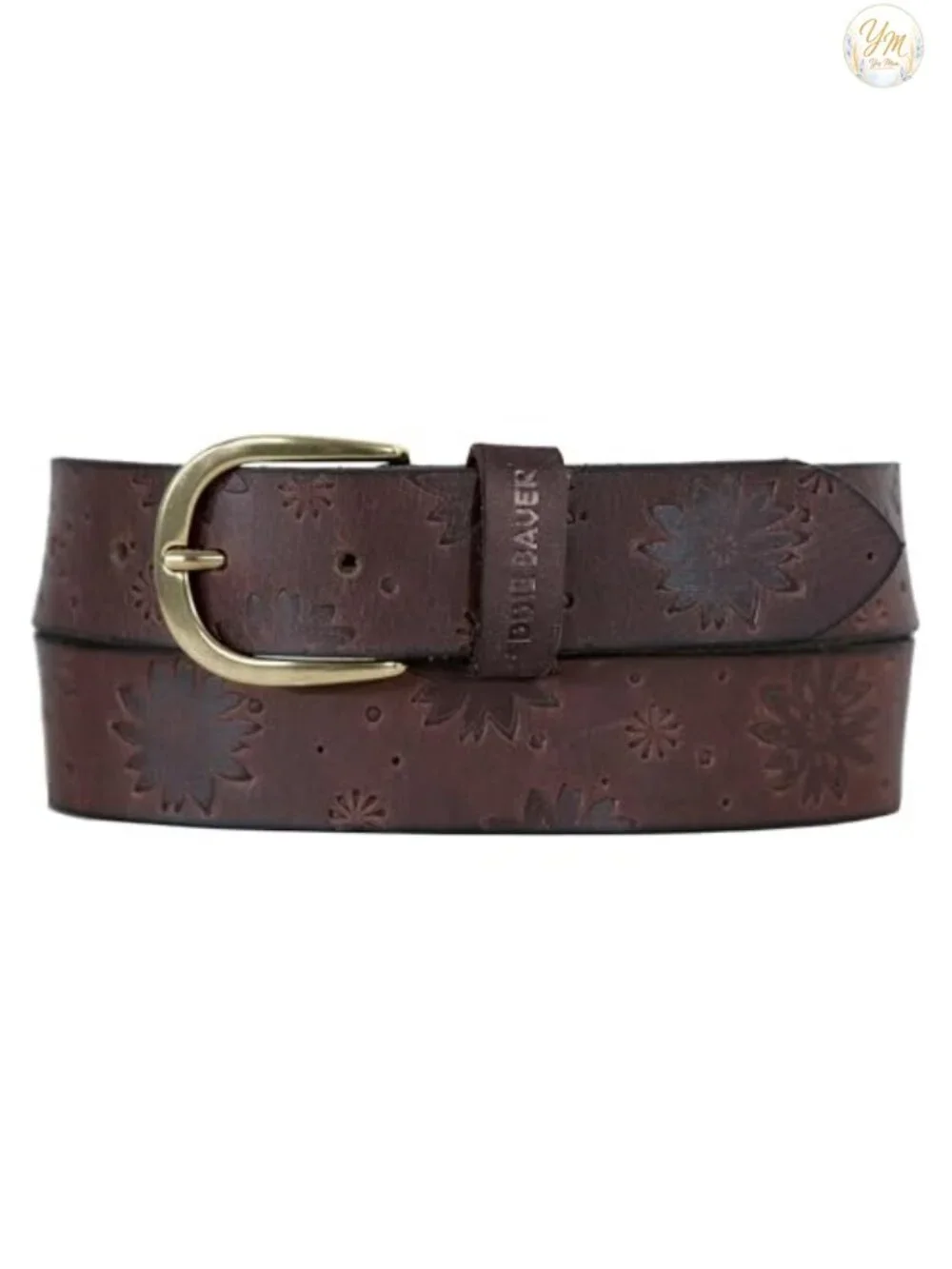Genuine Leather Belt with Floral Tooled Pattern and Metal Buckle